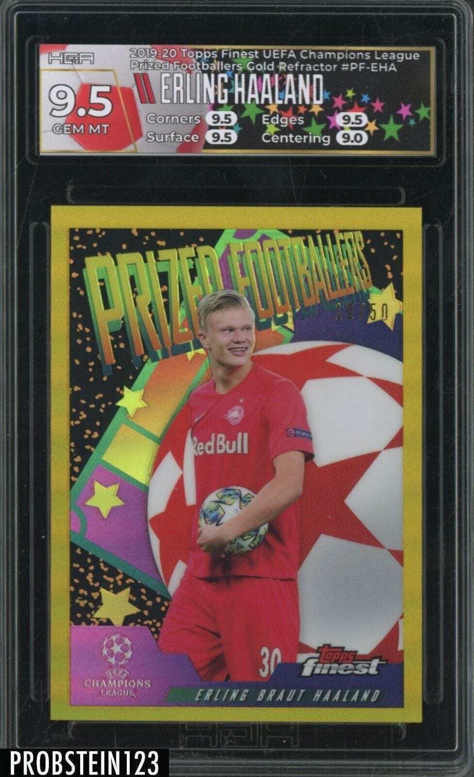 2019-20 Topps Finest UCL Soccer Gold Refractor Erling Haaland 10/50 HGA 9.5 - Picture 1 of 2
