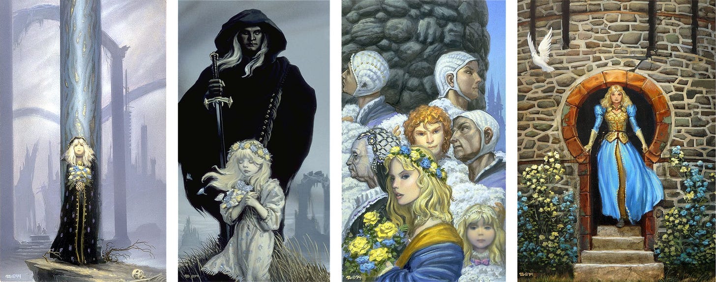 LEFT: Alternate preliminary concept for SARRA featuring a woman in black gown with gold trim holding a bouquet of yellow and blue flowers. She stands solemnly in front of a marbleized pillar.  LEFT CENTER: Alternate preliminary concept for SARRA featuring a tall robed figure with ebony skin and long white hair standing protectively behind a young girl whose eyes are pressed close in mourning. She holds a collection of yellow and blue flowers to her chest. He holds a sword with blade down  RIGHT CENTER: Alternate preliminary concept for SARRA featuring the title character turned in profile while holding yellow and blue flowers. Lost in the white-capped crowd behind her is a red haired man. Beside her stands a young blonde girl.  RIGHT: Preliminary concept chosen for the cover featuring a blonde woman in blue dress stepping through a keyhole shaped entrance to a stone tower. Blue and yellow flowers to match her dress climb trellises on either side of the steps.