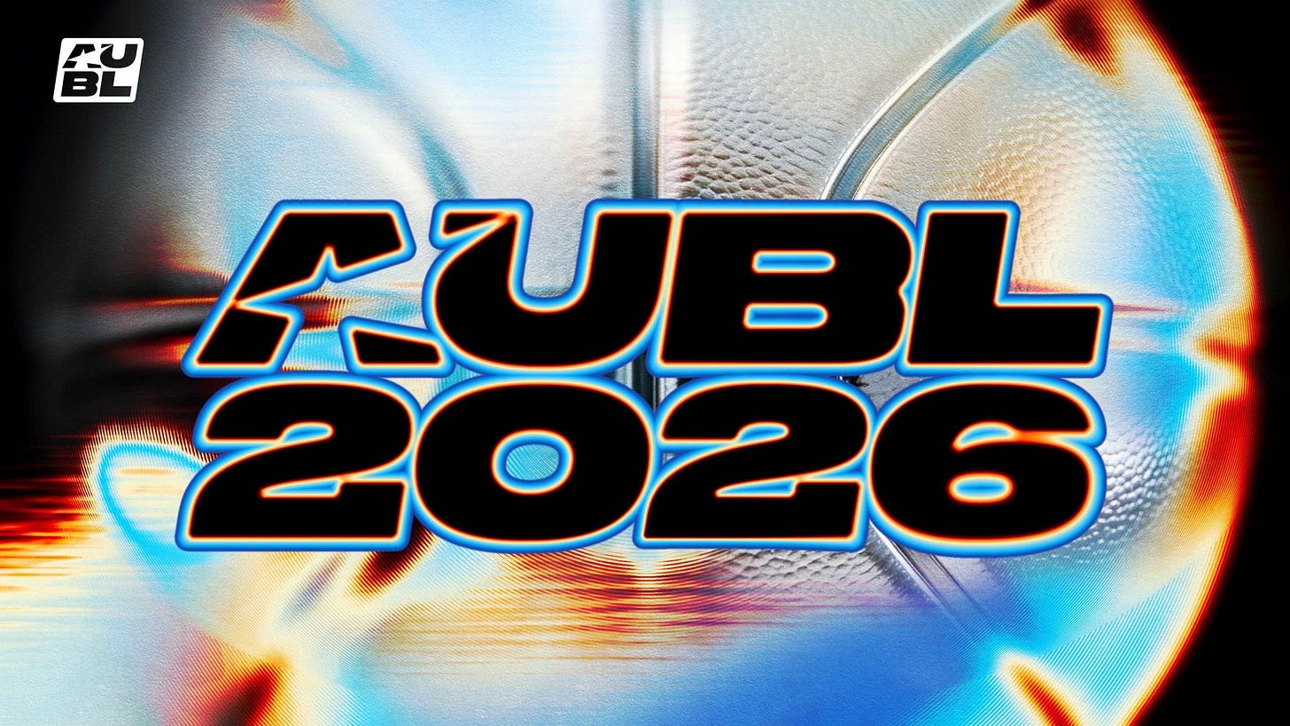 In the promotional graphic image, stylized bold black text reads "AUBL 2026" outlined with a bright neon blue and orange glow. The typography is prominently centered against a close-up background of a basketball skin that features a dynamic, metallic iridescent sheen reflecting shades of white, light blue, gold, and red. A smaller black-and-white "AUBL" logo is visible in the top left corner, representing the Asian University Basketball League's 2026 championship tournament.