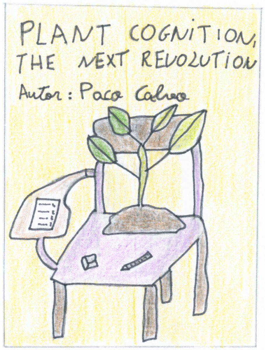 un dibujo en el que hay una planta sentada en un pupitre