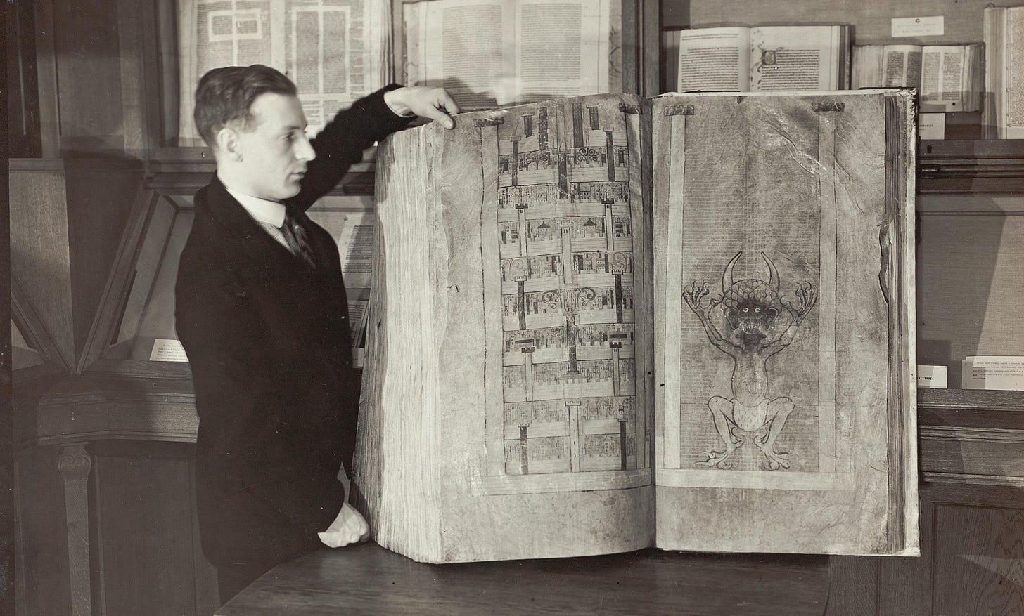 Codex gigas, a huge 13th century bible also known as "the devil's bible".  It measures 92x50 cm and weighs 75 kg. Royal Library of Sweden. [2575x1551]  : r/ArtefactPorn