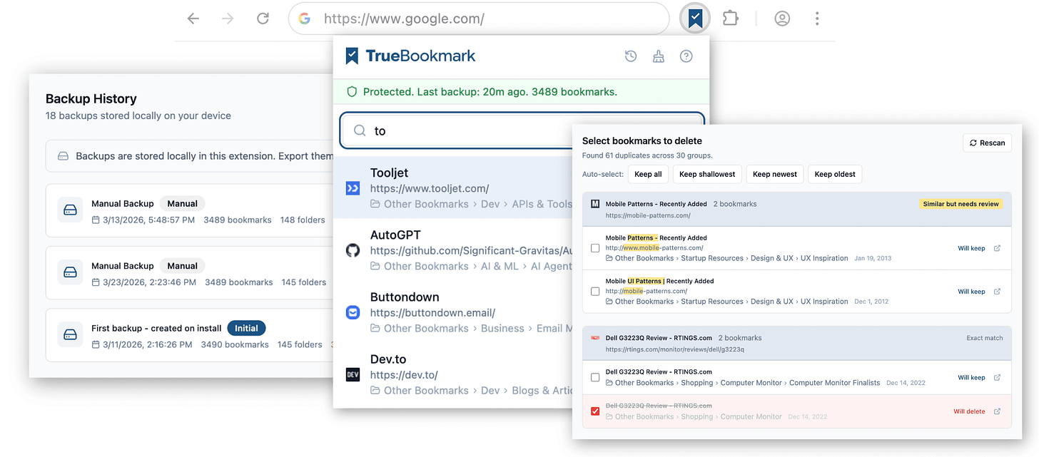 TrueBookmark extension showing backup, search, and organize features TrueBookmark extension showing backup, search, and organize features
