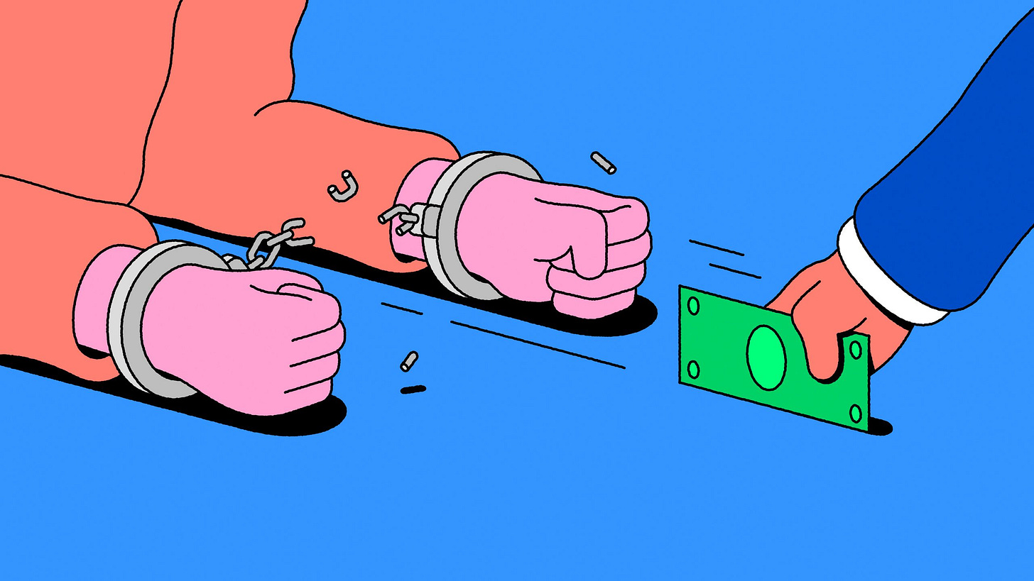 Person slicing handcuffs with a dollar bill