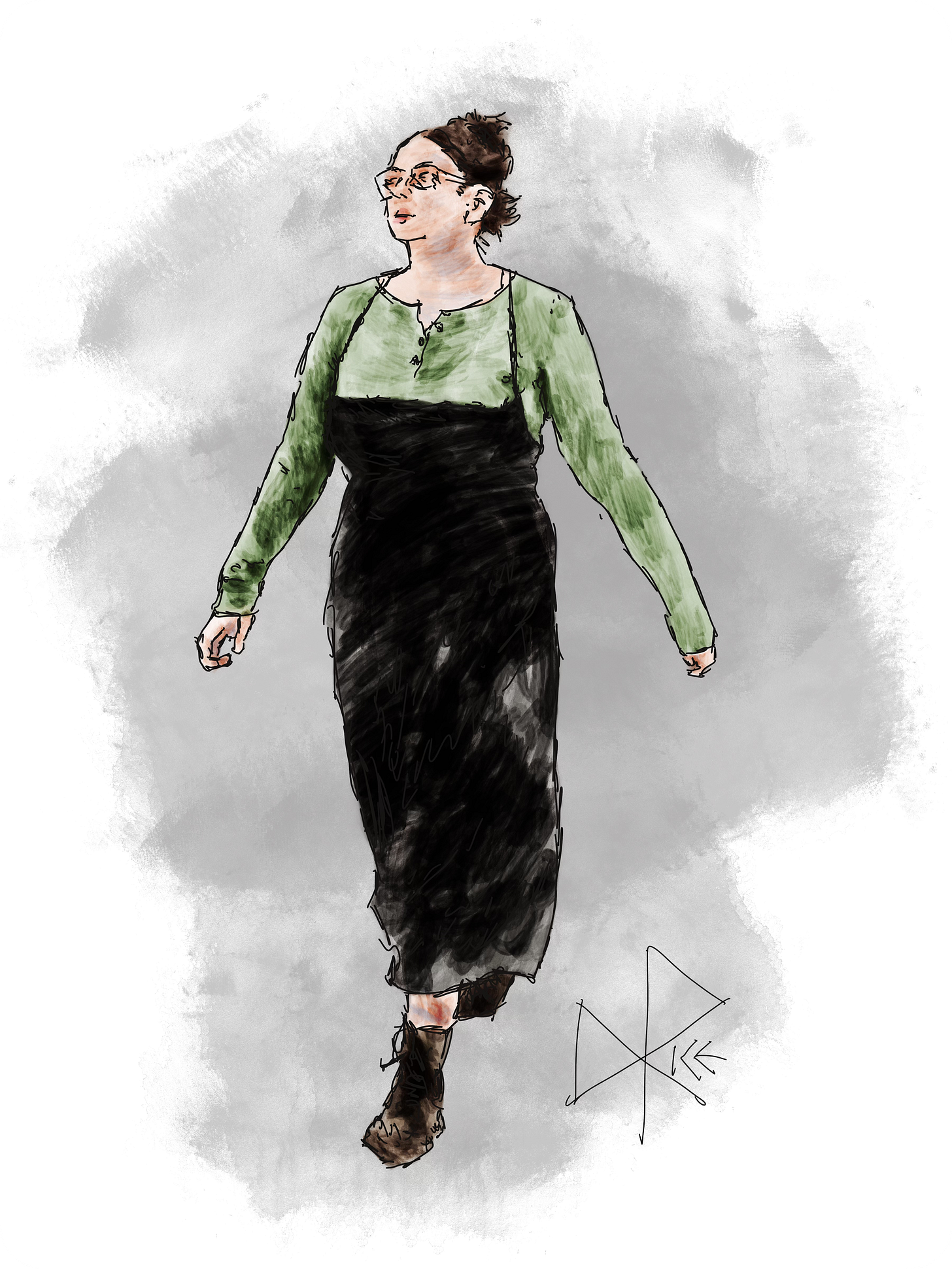 A woman working at a farmers market, walking briskly while wearing a long black apron. Sketch art by Don Rice. A woman working at a farmers market, walking briskly while wearing a long black apron. Sketch art by Don Rice.