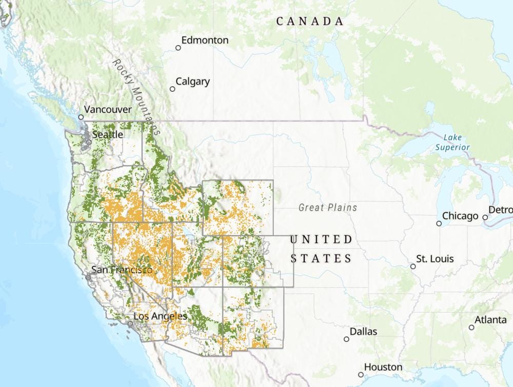 Partial map of the United States with scattered tracts highlighted in green and orange in the West Partial map of the United States with scattered tracts highlighted in green and orange in the West
