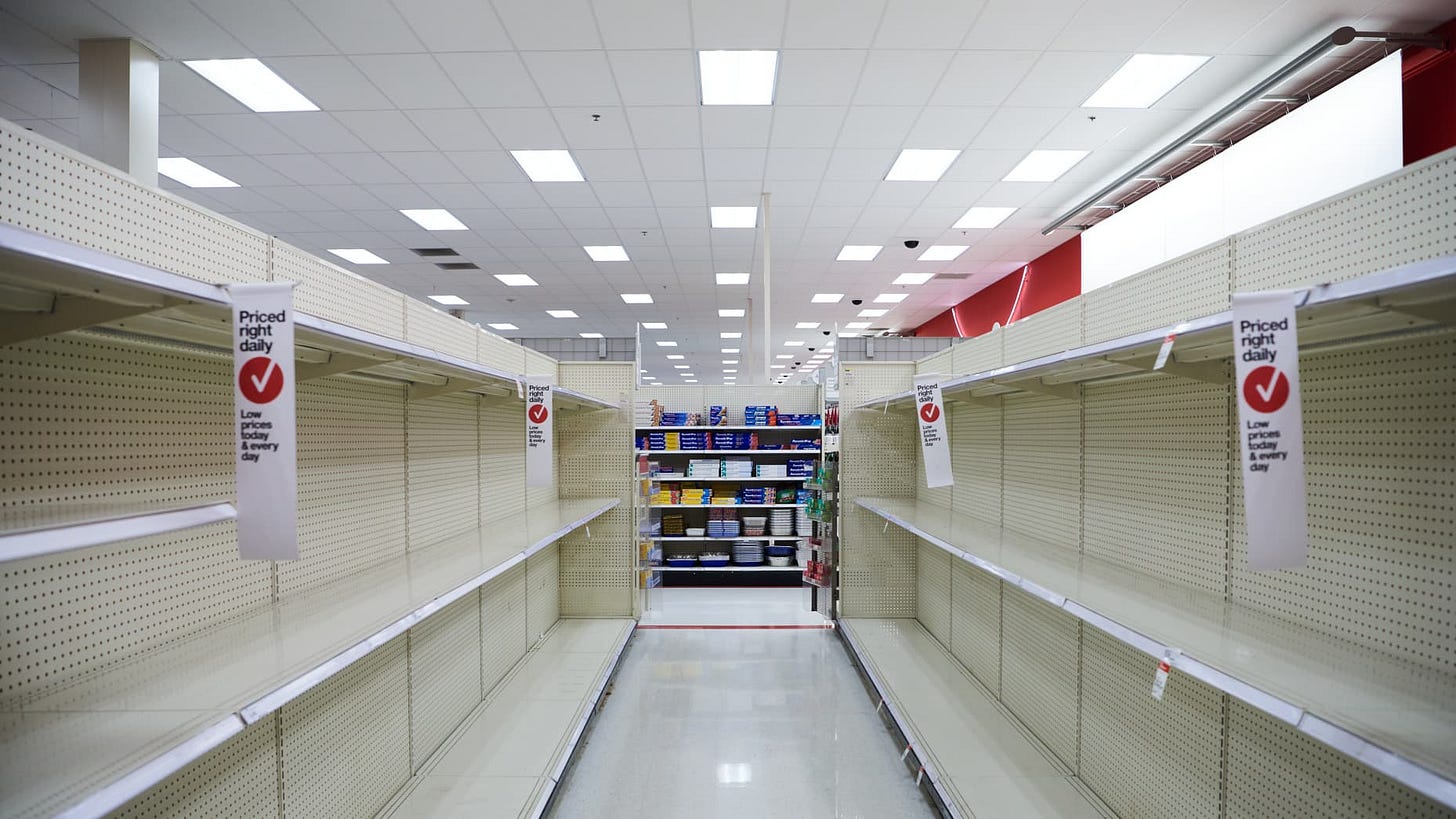 WADSWORTH, OH - MARCH 23, 2020: Shelves at the Target department store in Wadsworth, Ohio are empty of supplies such as toilet paper and sanitizer a day after Ohio Governor Mike DeWine put in place a stay-at-home order. (Dustin Franz for The Washington Post via Getty Images)