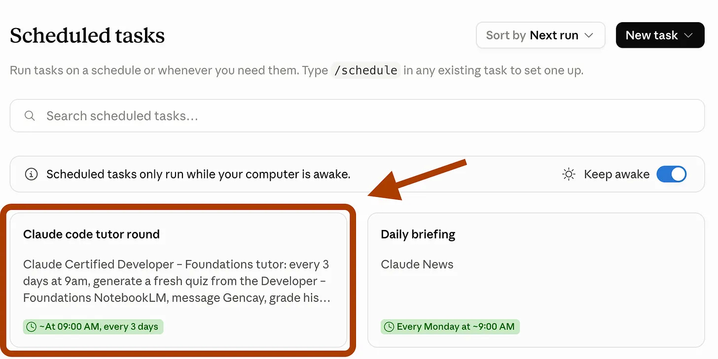 Claude Scheduled tasks screen with the Claude code tutor round card highlighted, set to run at 9 AM every 3 days, next to a Daily briefing task Claude Scheduled tasks screen with the Claude code tutor round card highlighted, set to run at 9 AM every 3 days, next to a Daily briefing task