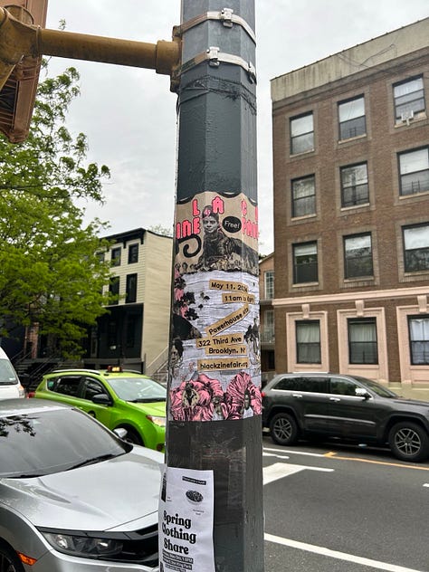 Juxtaposed images of my poster wheat-pasted around Brooklyn alongside process images of the designs.
