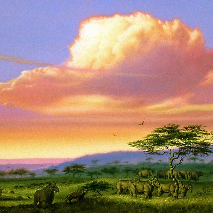 LEFT: Figure detail from PARADISE featuring the alien herdsman holding a spear to its chest as its large glassy eyes focus on something off panel left. Blue plumage drapes gill-like on its long slender neck. Behind it pink and peach clouds billow across the savannah. RIGHT: Background detail from PARADISE featuring the herd of stocky alien pachyderms migrating across the grass of the savannah. Horns protrude from their cheeks pointing forward.