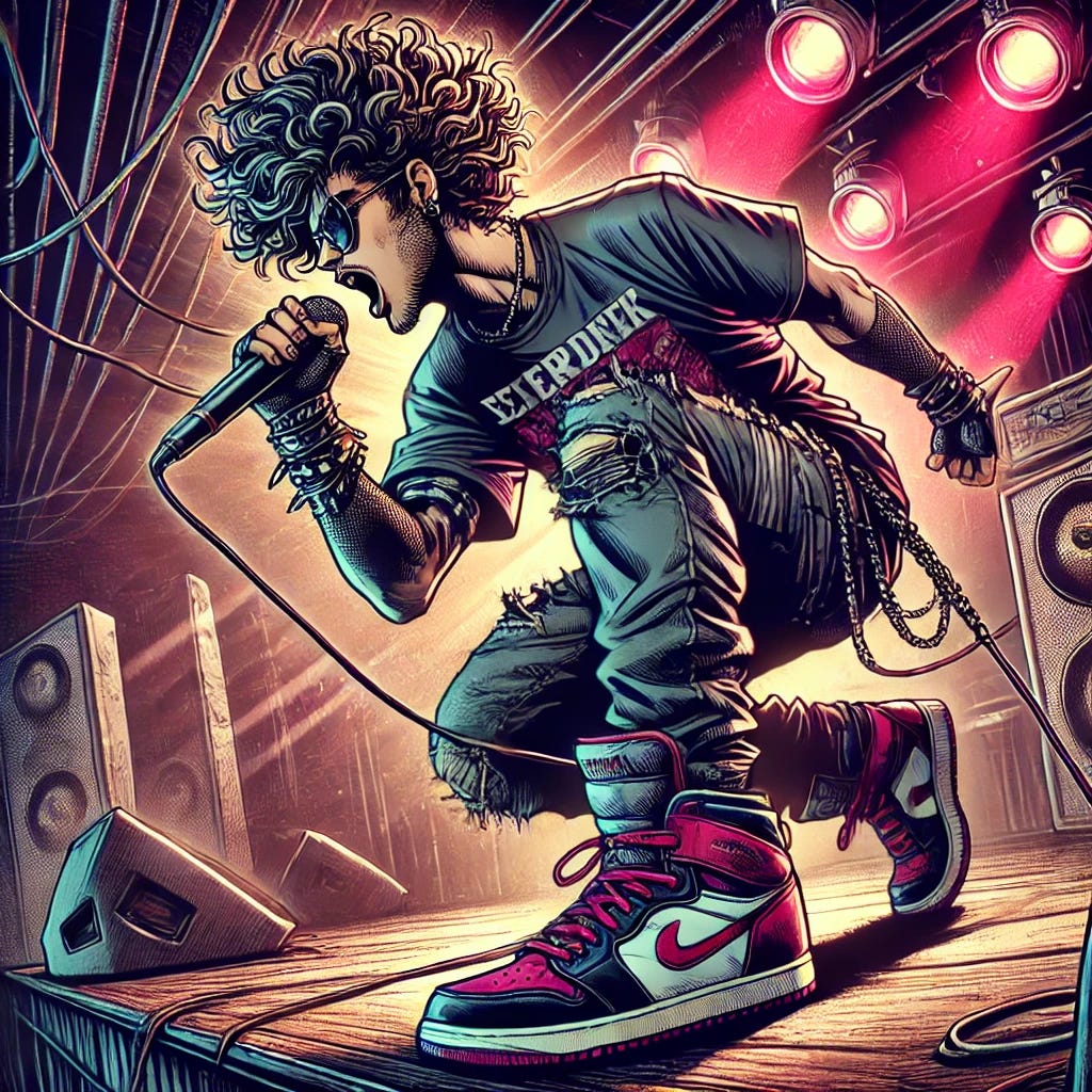 A comic book-style Synergypunk character performing on stage, closely resembling the person in the reference image. The character has wild, curly hair, a dark t-shirt with a punk-inspired design, ripped jeans, and high-tech sneakers with a futuristic urban aesthetic. The stage is dimly lit with vibrant red and purple lighting, wires and speakers in the background, and a raw, underground concert vibe. The character's intense pose, gripping the microphone, conveys passion and energy. The art style is gritty, high-energy, and rooted in cyberpunk and urban punk influences, but retains a strong resemblance to the real-life performer.