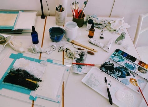Various working set ups, experiments, and artworks made with the art materials my body no longer tolerates.