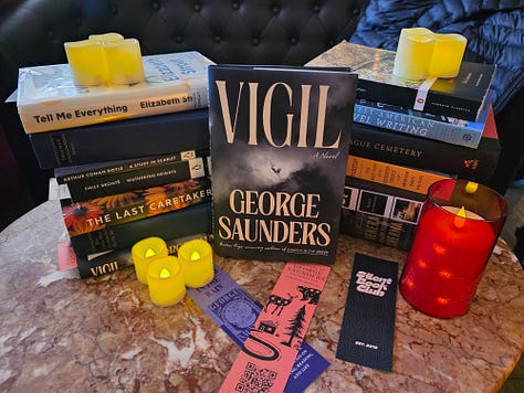 A grid of 9 images of Silent Book Club chapters reading Vigil by George Saunders 