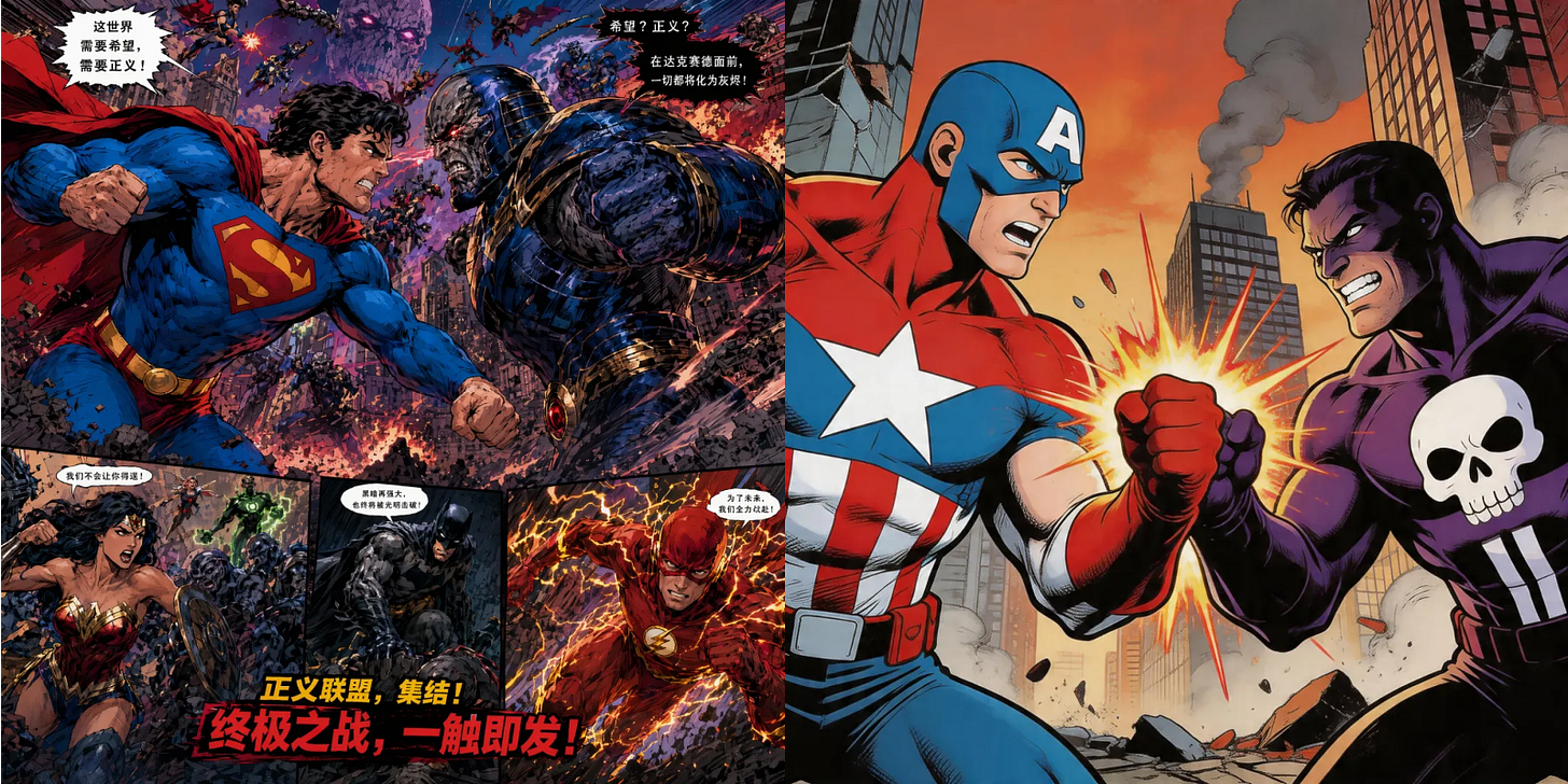 Prompt Example: Create a 1:1 American comic-style superhero comic, with bold and powerful lines defining muscular forms, vibrant colors distinguishing good and evil, an exciting storyline, and intense battle scenes. Prompt Example: Create a 1:1 American comic-style superhero comic, with bold and powerful lines defining muscular forms, vibrant colors distinguishing good and evil, an exciting storyline, and intense battle scenes.