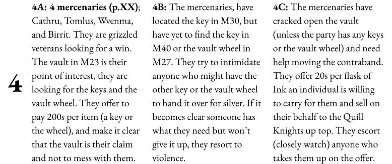 A row of a ttrpg encounter table featuring 3 encounters in sequence. A row of a ttrpg encounter table featuring 3 encounters in sequence.