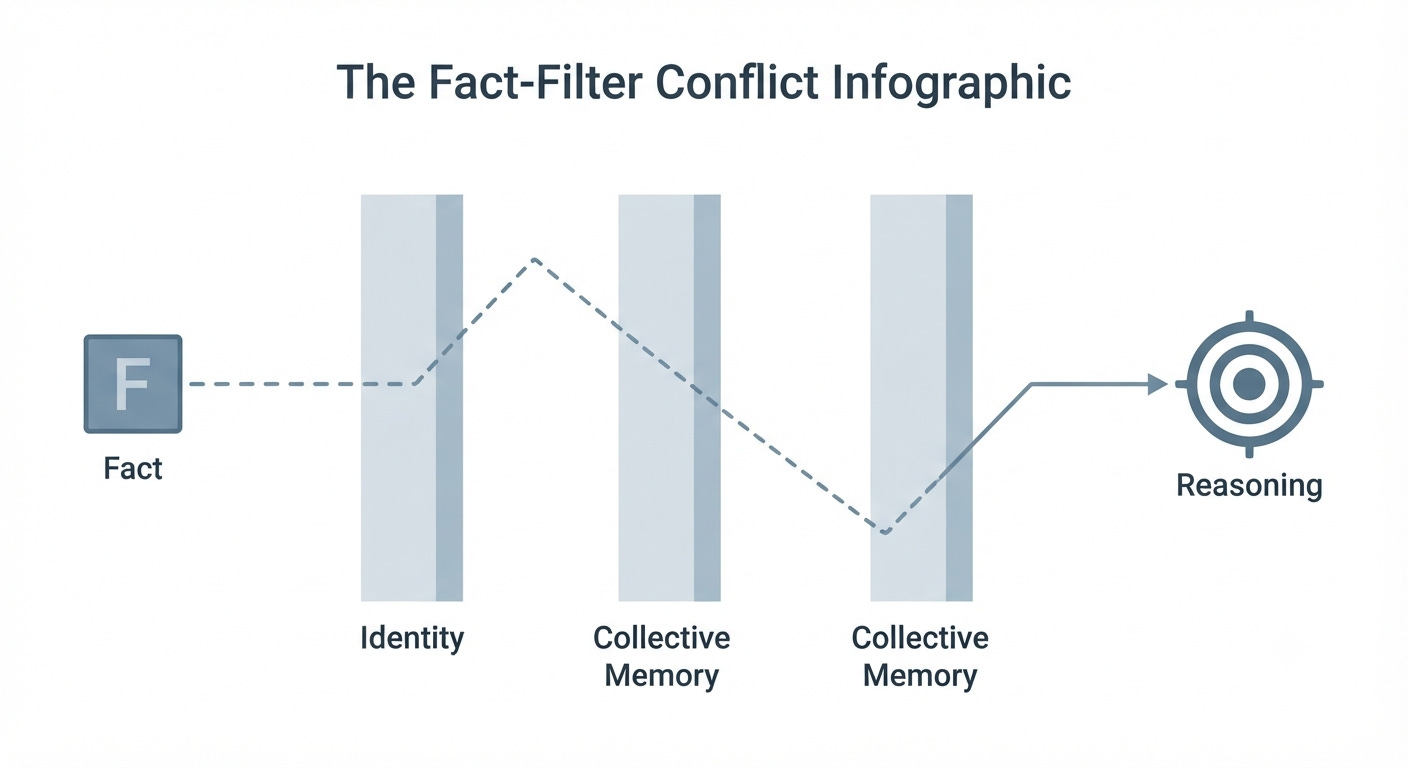 Diagram showing how facts are filtered through identity, collective memory, and reasoning, illustrating how the same information can produce different moral judgments. Diagram showing how facts are filtered through identity, collective memory, and reasoning, illustrating how the same information can produce different moral judgments.