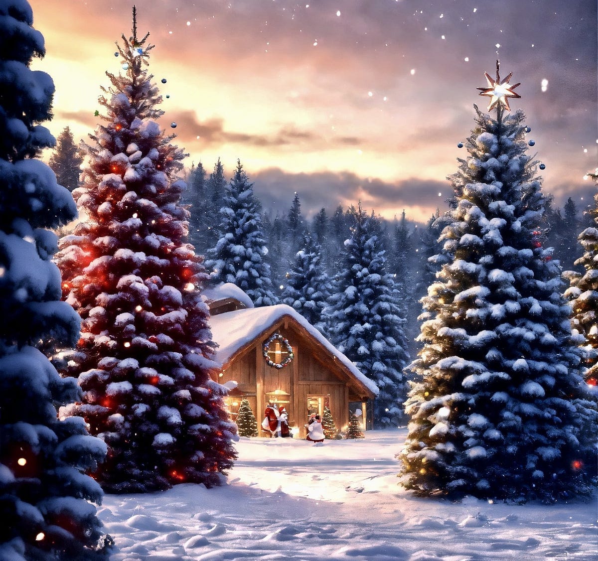 color image of two Christmas trees in a snowy field in front of a rustic cabin.
