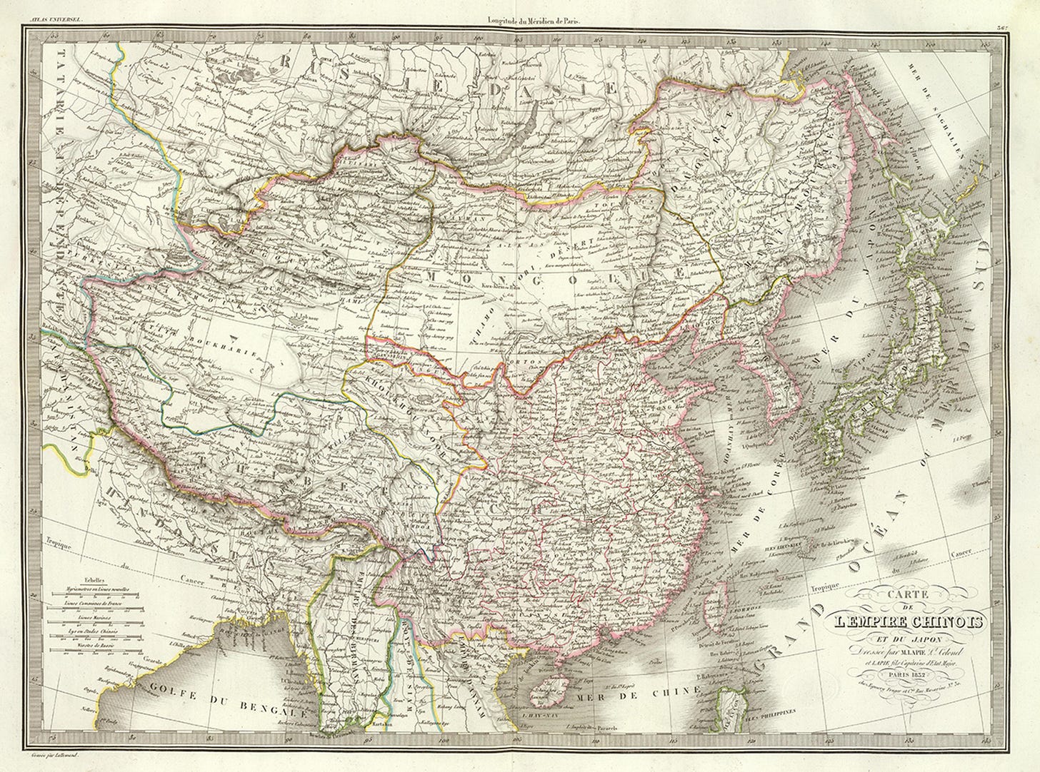 Antique map of the Qing empire and Japan with detailed geography and coloured borders. Published by J. Andriveau-Goujon, 1838.