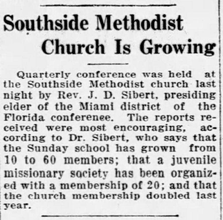 Article in the Miami Metropolis on May 20, 1915 reporting on the growth of the Southside Methodist Church.