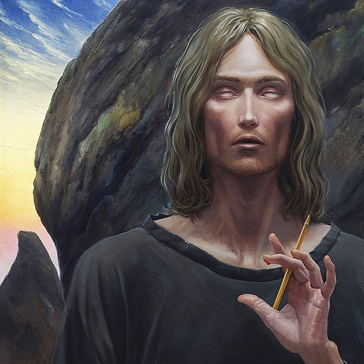 LEFT: Detail from PATRICK featuring the artist with eyes that are pure white and an inward focused expression. His high hollow cheeks, thin beard, and shoulder length hair give him a Christ-like appearance. He wears a plain dark shirt with a loose hemmed opening at the neck that partially reveals his shoulders. The chords of his neck are taut with strain. RIGHT: Detail from PATRICK featuring the artist’s hands. One is extended palm up with a line of bright red blood. The other is chest level loosely holding a pencil with fingers extended in a reverse C. A dab of blood drips from the middle finger. An oversized book rests in his lap with much of it implied off panel.