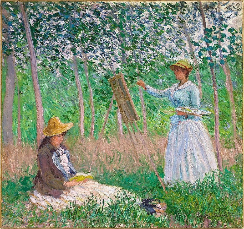 A painting by Claude Monet, 1887, In the Woods at Giverny, Blanche Hoschedé Monet at Her Easel with Suzanne Hoschedé A painting by Claude Monet, 1887, In the Woods at Giverny, Blanche Hoschedé Monet at Her Easel with Suzanne Hoschedé