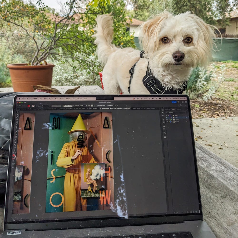 A fluffy white dog in a black harness stands on an outdoor table, looking at the camera with perked ears. In the foreground, a laptop screen displays a surreal digital collage in Adobe Illustrator, featuring a figure in a yellow outfit surrounded by abstract shapes and the text “Magic Show.” 