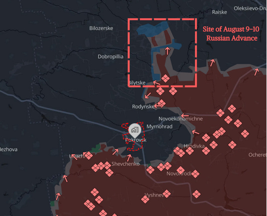 Map of the frontlines in Donetsk region showing August 9 advance by Russian forces to the north of the city of Pokrovsk. Map of the frontlines in Donetsk region showing August 9 advance by Russian forces to the north of the city of Pokrovsk.