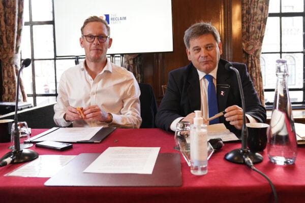 Laurence Fox (L) and Andrew Bridgen ahead of a Reclaim Party press conference in London, dated May 10, 2023. (Stefan Rousseau/PA Wire) Laurence Fox (L) and Andrew Bridgen ahead of a Reclaim Party press conference in London, dated May 10, 2023. (Stefan Rousseau/PA Wire)