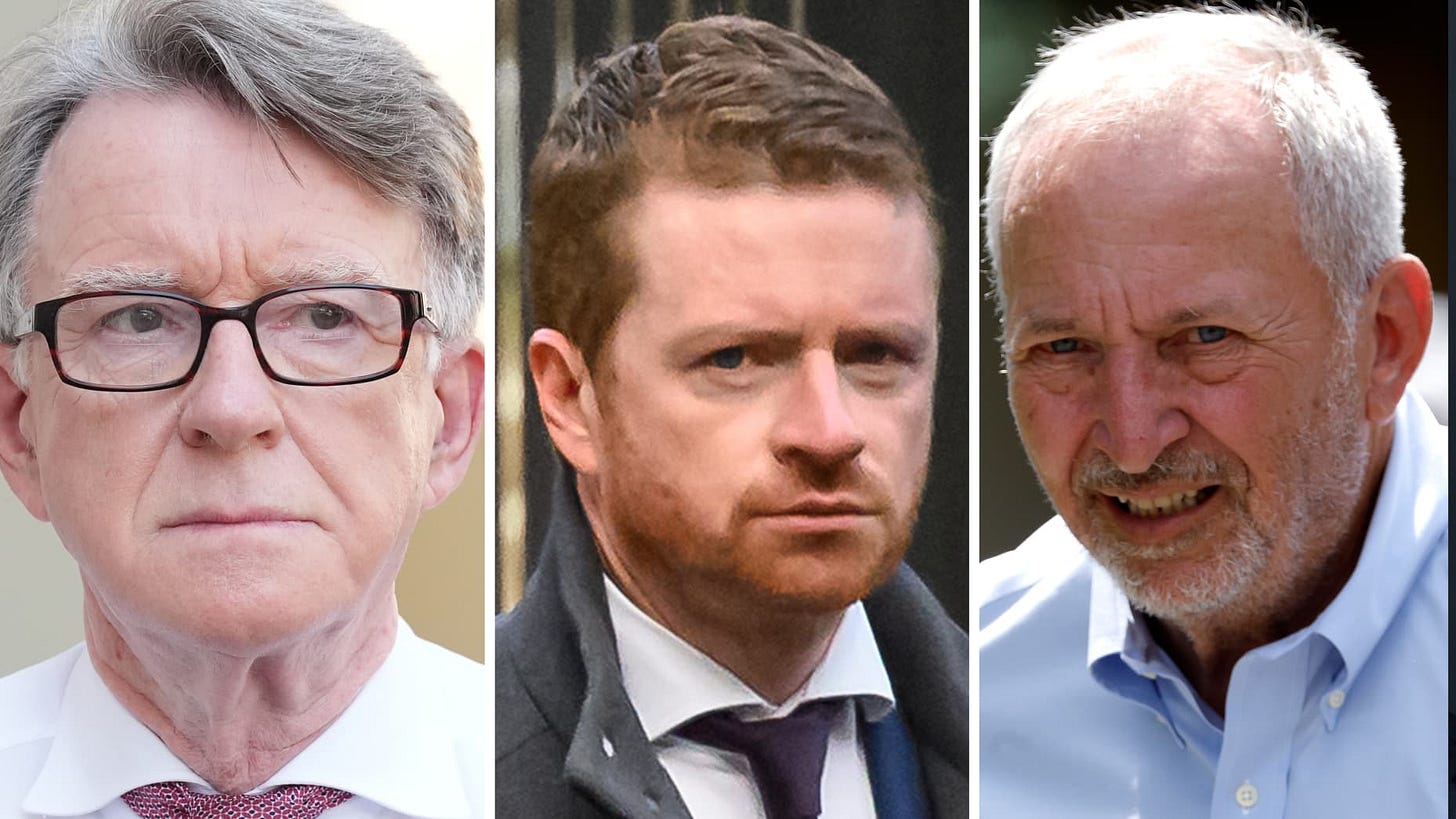 Peter Mandelson (L), Morgan McSweeney (C), Larry Summers (R)