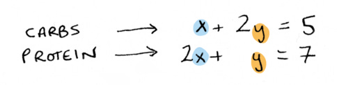 Carbs: x + 2y = 5. Protein: 2x + y = 7.