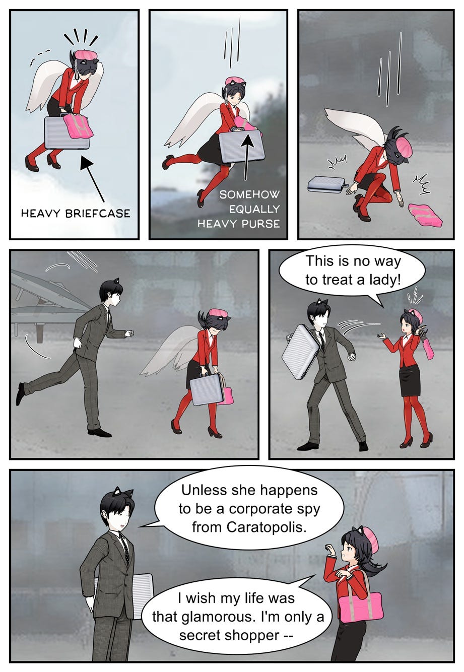 Heavy briefcase. Somehow equally heavy purse. This is no way to treat a lady! Unless she happens to be a corporate spy from Caratopolis. I wish my life was that glamorous. I'm only a secret shopper —