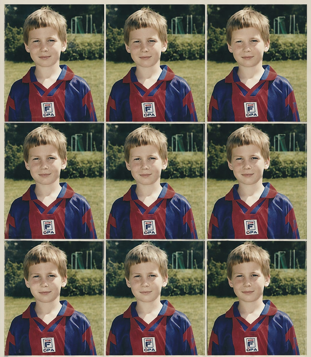 A repeated grid of a childhood football portrait showing me as a young boy in a red and blue kit for my childhood team in Hungary. A repeated grid of a childhood football portrait showing me as a young boy in a red and blue kit for my childhood team in Hungary.