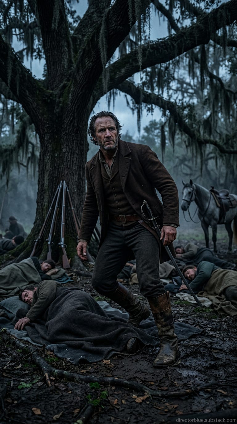 IMAGE PROMPT FOR HISTORIC REENACTMENT EDUCATIONAL SERIES  BATTLE OF SAN JACINTO (1836) Photographic hyper-realistic 9x16 vertical image Pre-dawn 400 AM April 1836 coastal Texas A tall powerfully built man of 43 years rises from a wool blanke_image_1