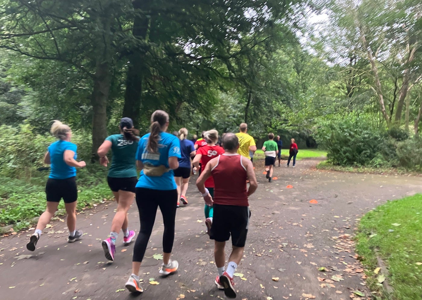 A group running past low cones on the path
