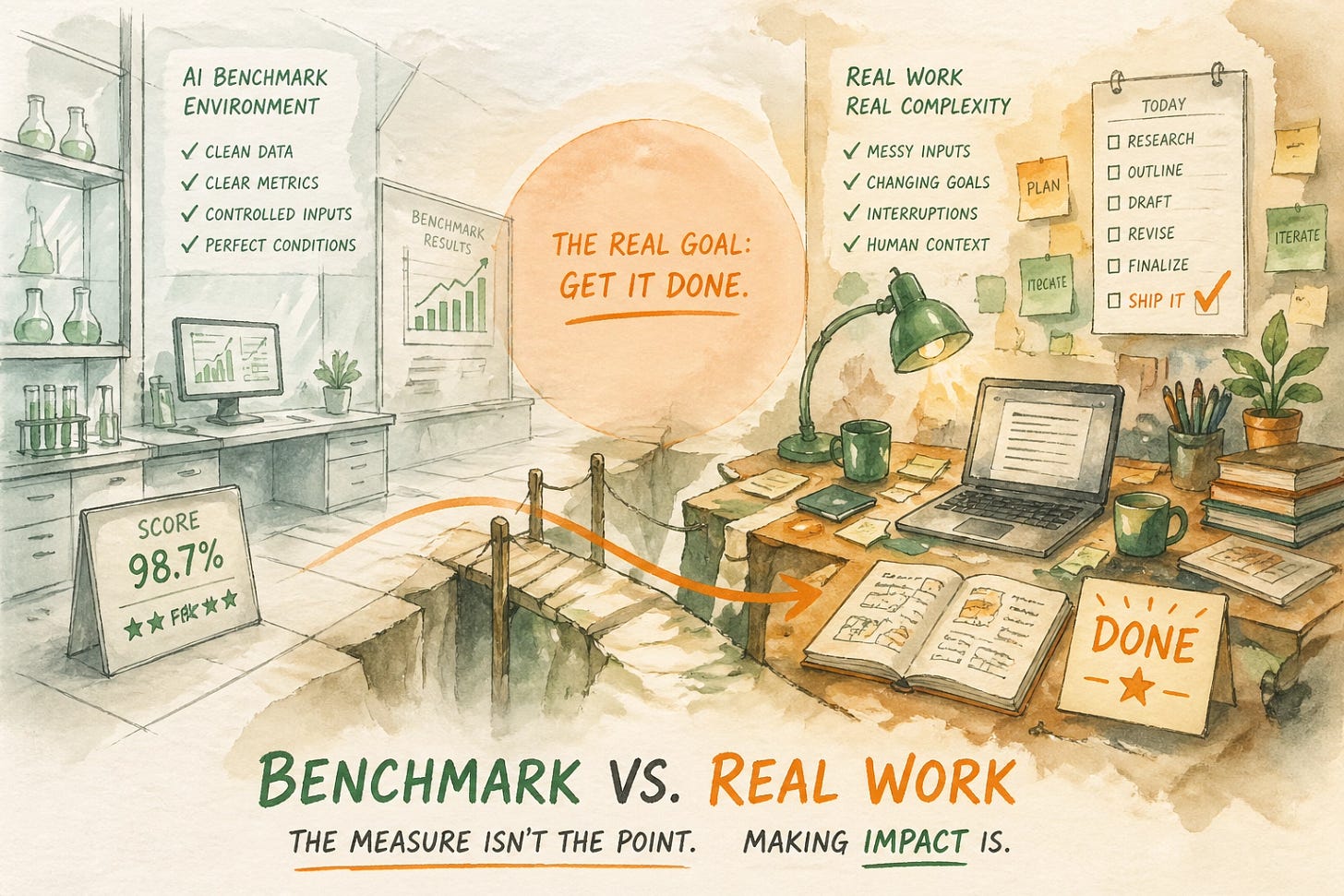 AI benchmark vs real work: watercolor split scene comparing a sterile AI research lab to a cluttered home office desk, illustrating the gap between OSWorld benchmark scores and actual workflow automation results