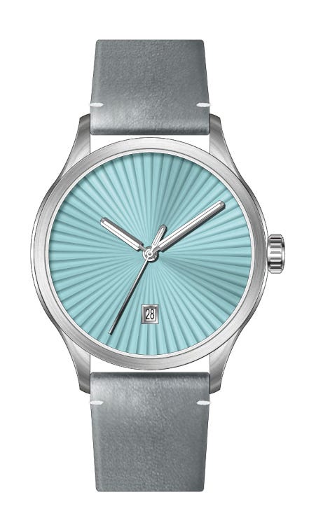 Mezei Watch Company’s London Smoke model with a textured grey sunray dial and minimal design.