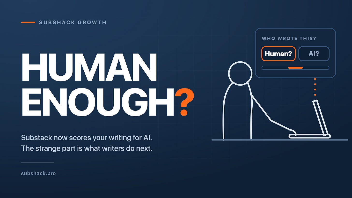 Editorial illustration of a writer at a laptop while a floating detection panel asks who wrote this, offering only Human? or AI?, under the headline Human enough? Editorial illustration of a writer at a laptop while a floating detection panel asks who wrote this, offering only Human? or AI?, under the headline Human enough?