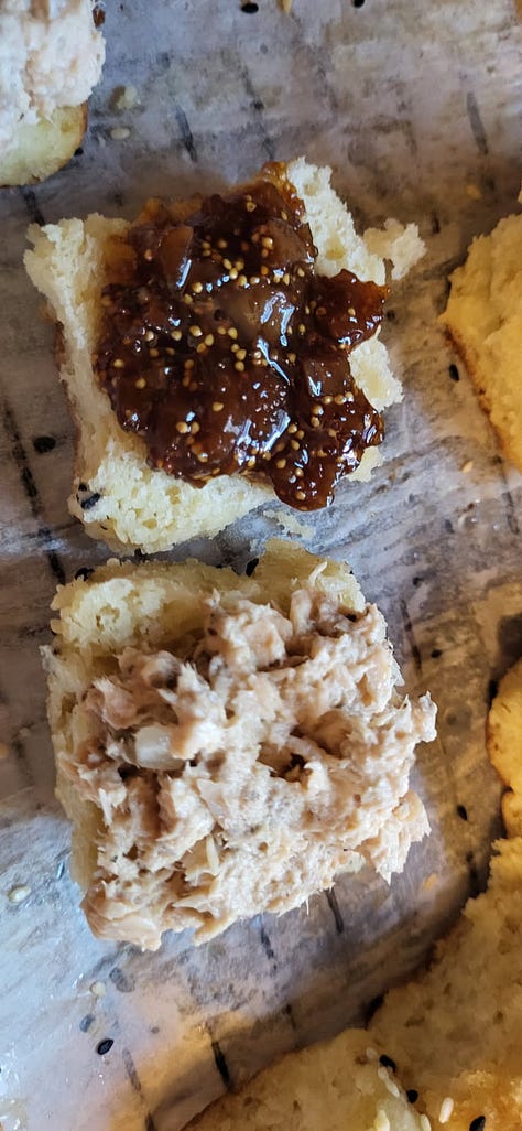 Five photos: dinner rolls topped with black and white sesame seeds; a dinner roll being pulled apart by two hands to show the flaky center; a roll cut in half with fig jam on one side and salmon salad on the other; a roll topped with BBQ chicken and caramelized onion jam; and a finished BBQ slider