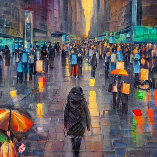 A painting of a crowd of people walking on a street

Description automatically generated