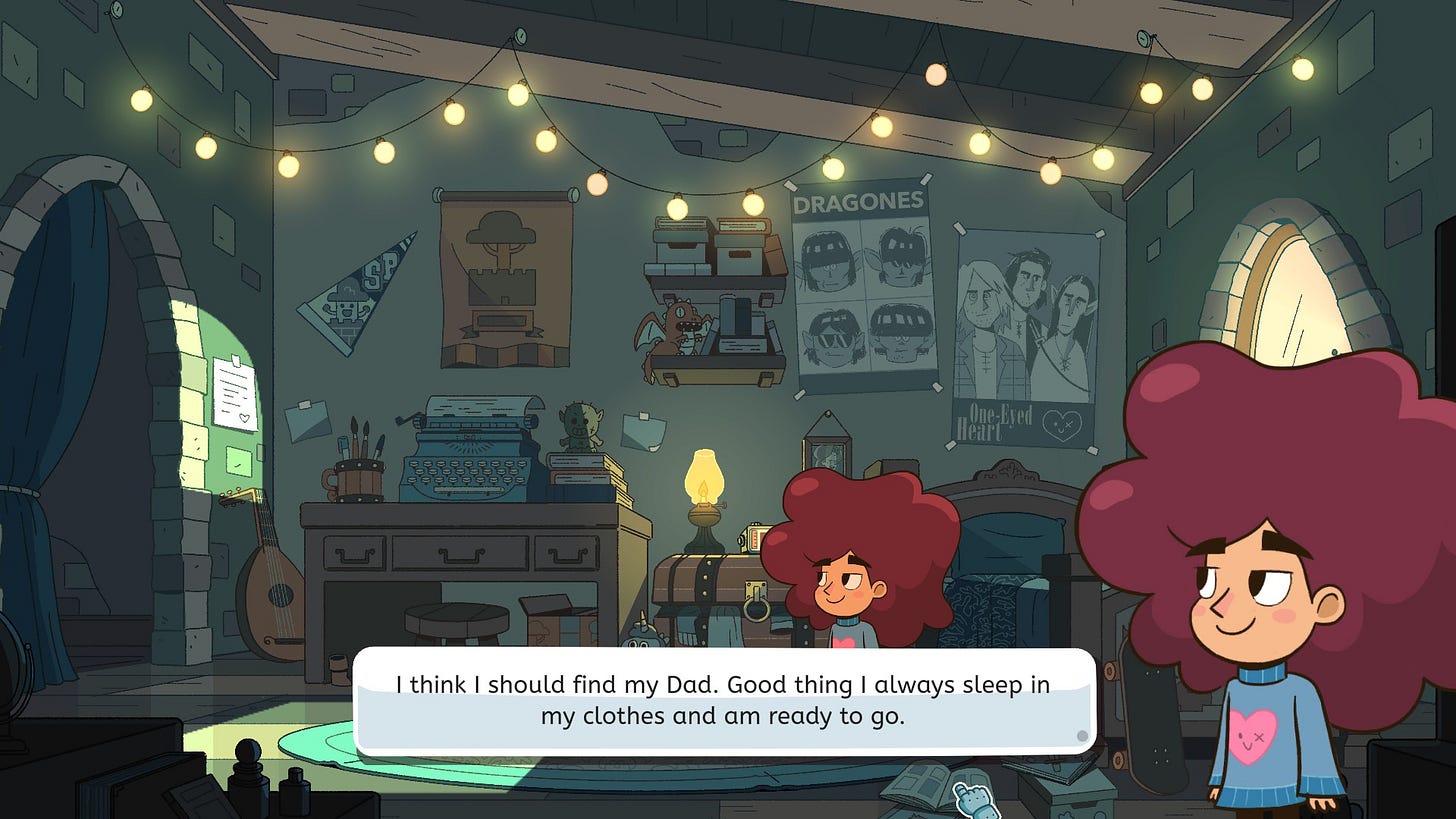 Lil with a speech bubble, saying "I think I should find my Dad. Good thing I always sleep in my clothes and am ready to go."