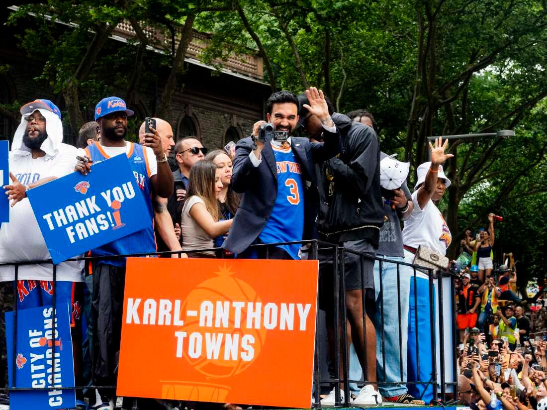 New York City Mayor Zohran Mamdani celebrates the New York Knicks winning the 2026 NBA Championship during a ticker tape parade at City Hall.