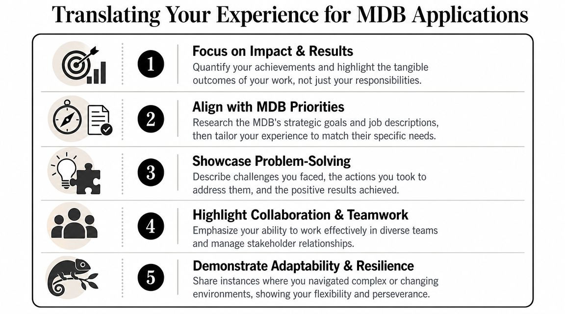 A graphic providing five tips on how to effectively translate professional experience for MDB job applications. A graphic providing five tips on how to effectively translate professional experience for MDB job applications.