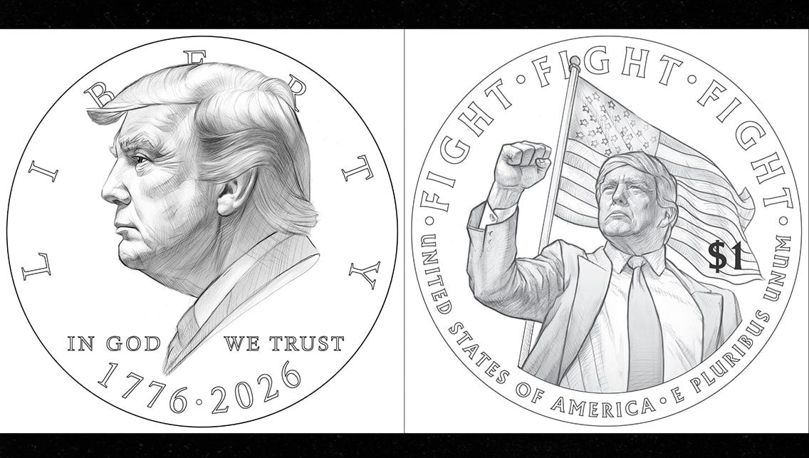 These drafts of the potential commemorative coin feature President Trump on the front and back. The US Treasury is proposing the coin to celebrate America's 250th anniversary and President Trump. (U.S. Treasury)
