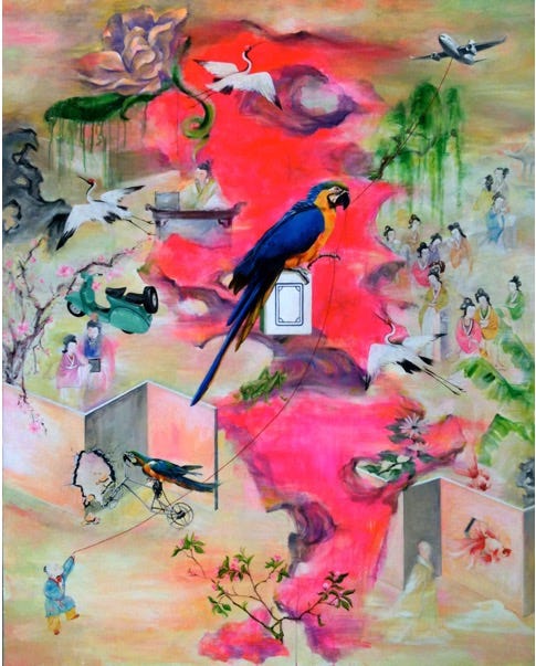 A painting of birds and animals

Description automatically generated