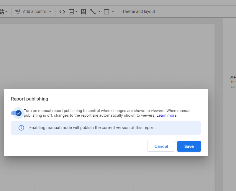 looker studio bible report publishing turn on manual publishing