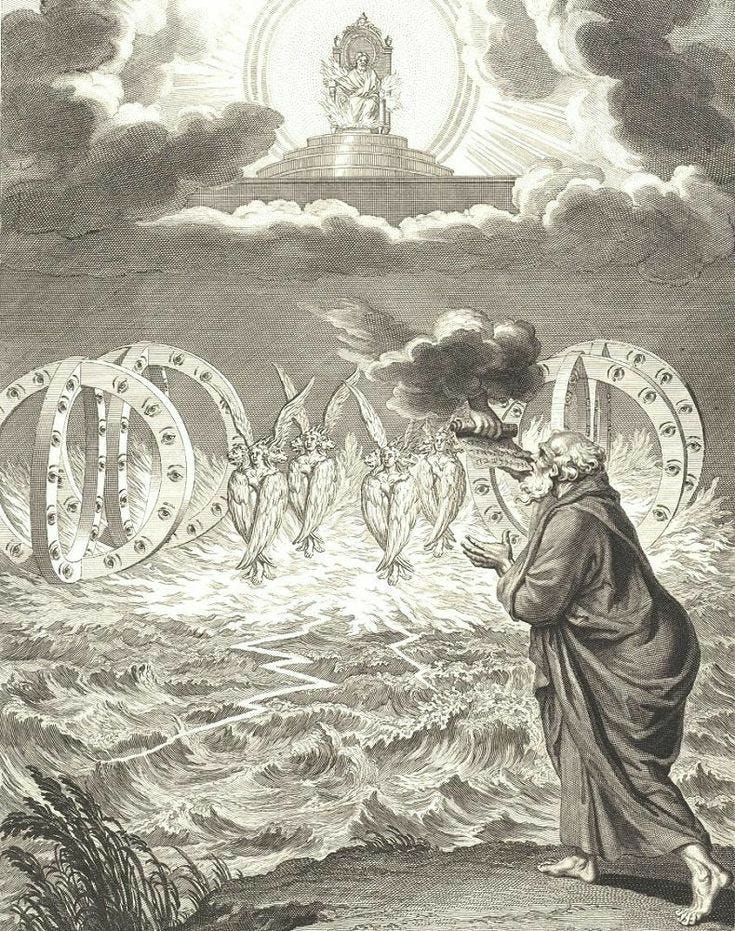 This may contain: an old drawing of a man standing in front of the ocean with many symbols on it