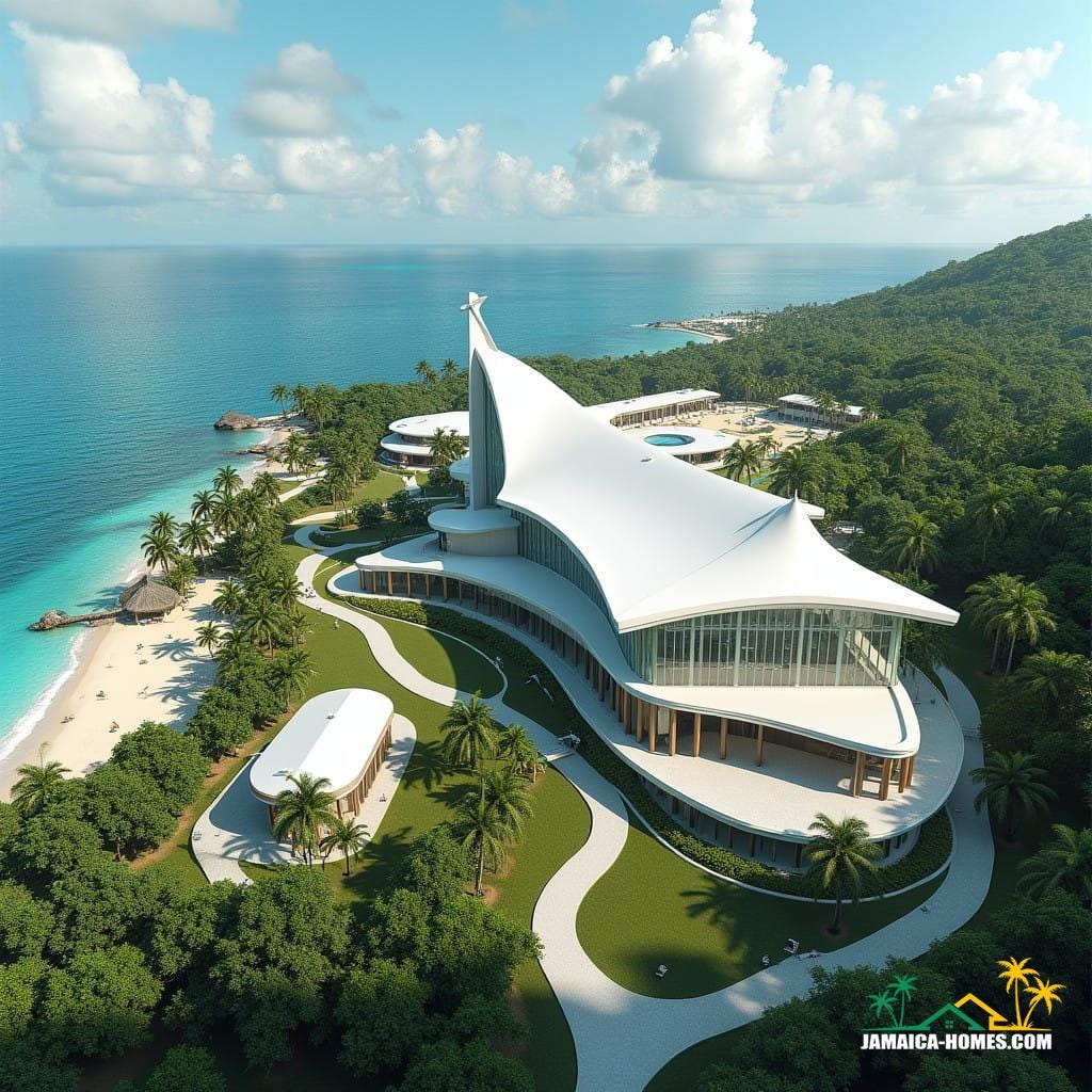 A sprawling modern church campus situated on the pristine shores of a Jamaican beach, blending contemporary design with the natural beauty of the Caribbean. The campus features sleek, minimalist buildings made of white concrete and glass, with open-air spaces that invite the ocean breeze and natural light. The central church building boasts a dynamic, wave-inspired roofline and a towering glass façade that reflects the turquoise waters and golden sands. Surrounding the main sanctuary are smaller pavilions and community spaces, including a prayer garden, an amphitheater for outdoor worship, classrooms for youth programs, and a cultural center celebrating Jamaican heritage. Pathways wind through lush tropical landscaping, connecting the buildings while preserving the serene, coastal ambiance. The campus design emphasizes harmony with nature, with solar panels, rainwater harvesting systems, and elevated walkways to protect the beach’s ecosystem. At its heart, the church campus serves as a hub for worship, education, and community, offering a peaceful retreat infused with the vibrant spirit of Jamaica.