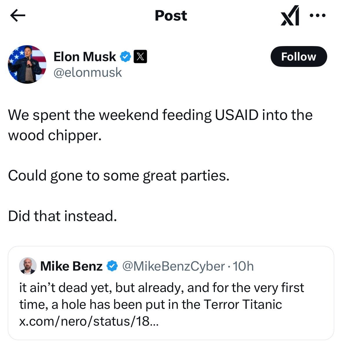 elon musk tweet We spent the weekend feeding USAID into the wood chipper. Could gone to some great parties. Did that instead.
