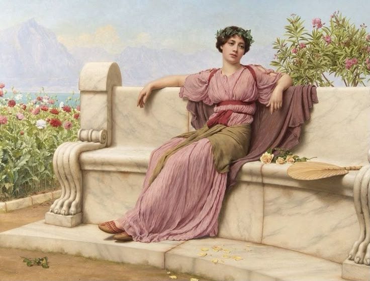 This may contain: a painting of a woman sitting on a stone bench with flowers in the background and text that reads, the great house stanley john wy