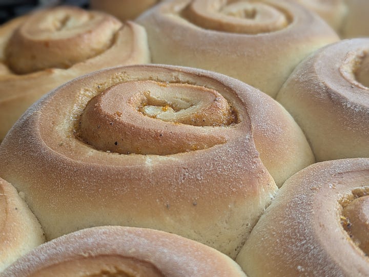 Cardamom buns just out of the oven, pre-glaze
