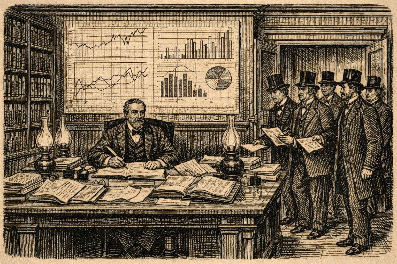 Thomas Nast-style wood engraving illustration of an institutional research analyst seated at a grand desk covered in open financial ledgers, with analytical charts on the wall behind him, as investors in top hats approach with documents. Attention Capital research desk hero image.